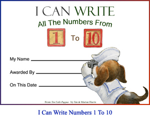 ‘I Can Write All the Numbers From One to Ten’ Award Certificate.  Art of beagle-puppy sailor with camera and spaces for child’s name, presenter’s name, and achievement date.